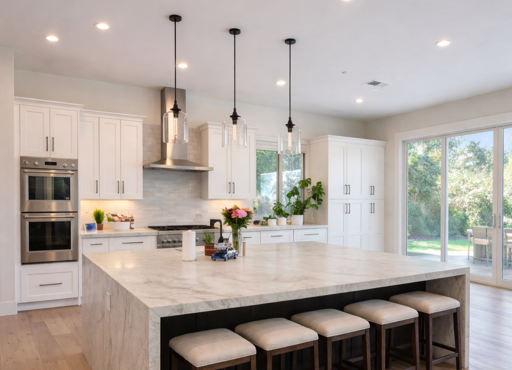 Modern luxury kitchen remodel with white marble island and professional seating